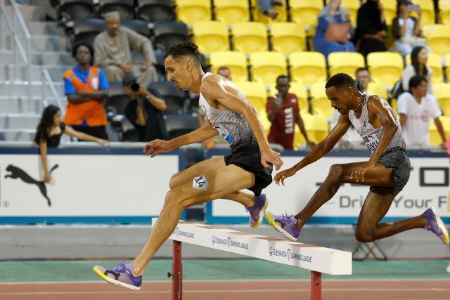 Morocco's Soufiane el-Bakkali competes in the men's 3000m steeplechase final during the IAAF Diamond League competition at Suheim Bin Hamad Stadium in Doha on June 19, 2026. (Photo by KARIM JAAFAR / AFP)