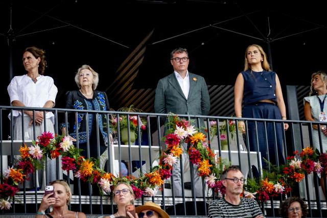 Princess Amalia of the Netherlands (R) and Princess Beatrix of the Netherlands (2nd L) attend the jumping final of the 77th CHIO Rotterdam at the Kralingse Bos in Rotterdam on June 19, 2026. (Photo by Robin Utrecht / ANP / AFP) / Netherlands OUT