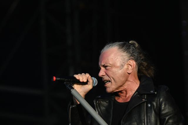 British singer Bruce Dickinson from Iron Maiden performs during the 19th edition of Hellfest rock and heavy metal festival, in Clisson, western France, on June 19, 2026. (Photo by Sebastien Salom-Gomis / AFP)