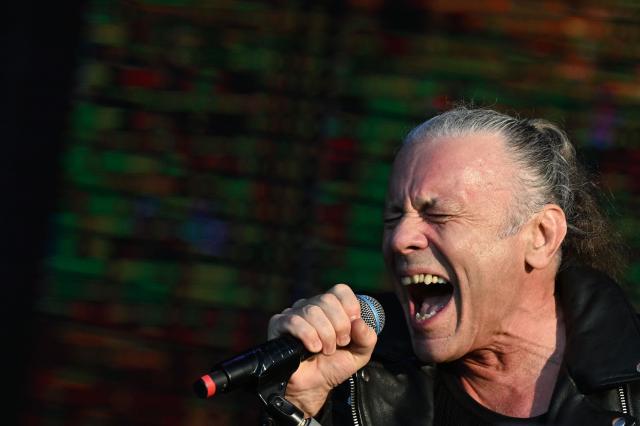 British singer Bruce Dickinson from Iron Maiden performs during the 19th edition of Hellfest rock and heavy metal festival, in Clisson, western France, on June 19, 2026. (Photo by Sebastien Salom-Gomis / AFP)