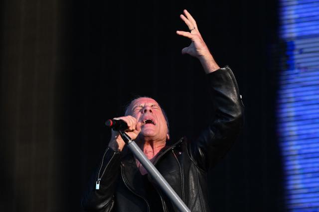 British singer Bruce Dickinson from Iron Maiden performs during the 19th edition of Hellfest rock and heavy metal festival, in Clisson, western France, on June 19, 2026. (Photo by Sebastien Salom-Gomis / AFP)