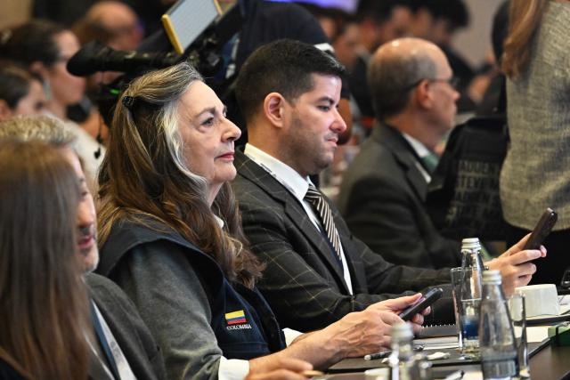Jesus Yanez Morales (R), head of the delegation of Development of the Technological Thinking Foundation and Jennie Lincoln (L), of the Carter Center, attend a meeting of internatioal observers in Bogota, on June 19, 2026, ahead of the presidential runoff election. Colombians vote on June 21, 2026 in a presidential runoff pitting a hard-right opera-singer-turned-lawyer against a leftist senator, an election with stark consequences for the country's stumbling peace process with armed groups and strained ties with Washington. (Photo by Juan BARRETO / AFP)