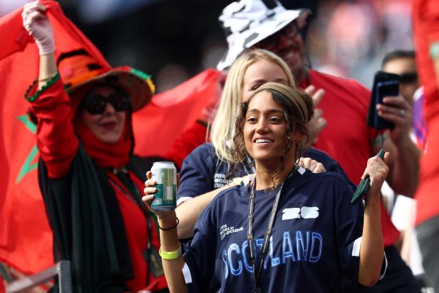 A Scottish fan cheers for her team ahead of the 2026 World Cup Group C football match between Scotland and Morocco at the Boston Stadium in Foxborough on June 19, 2026.  (Photo by FRANCK FIFE / AFP)