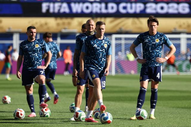 Morocco's defender #19 Youssef Belammari warms up ahead of the 2026 World Cup Group C football match between Scotland and Morocco at the Boston Stadium in Foxborough on June 19, 2026.  (Photo by FRANCK FIFE / AFP)