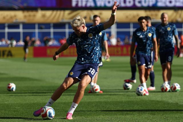 Morocco's defender #18 Chadi Riad warms up ahead of the 2026 World Cup Group C football match between Scotland and Morocco at the Boston Stadium in Foxborough on June 19, 2026.  (Photo by FRANCK FIFE / AFP)