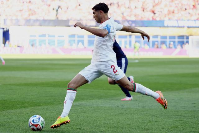 Morocco's defender #02 Achraf Hakimi controls the ball during the 2026 World Cup Group C football match between Scotland and Morocco at the Boston Stadium in Foxborough on June 19, 2026.  (Photo by FRANCK FIFE / AFP)