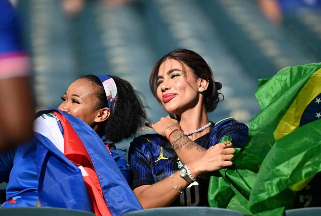 Haiti and Brazil fans support their teams ahead of the 2026 World Cup Group C football match between Brazil and Haiti at the Philadelphia Stadium in Philadelphia on June 19, 2026.  (Photo by Roberto SCHMIDT / AFP)