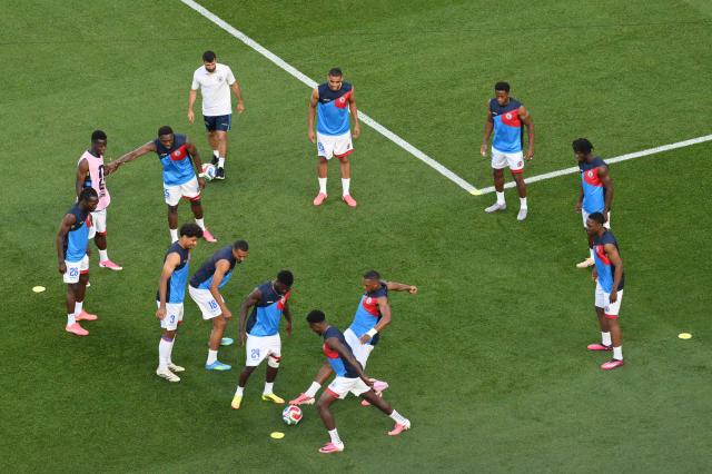 Haiti’s players warm up ahead of the 2026 World Cup Group C football match between Brazil and Haiti at the Philadelphia Stadium in Philadelphia on June 19, 2026.  (Photo by Angela WEISS / AFP)