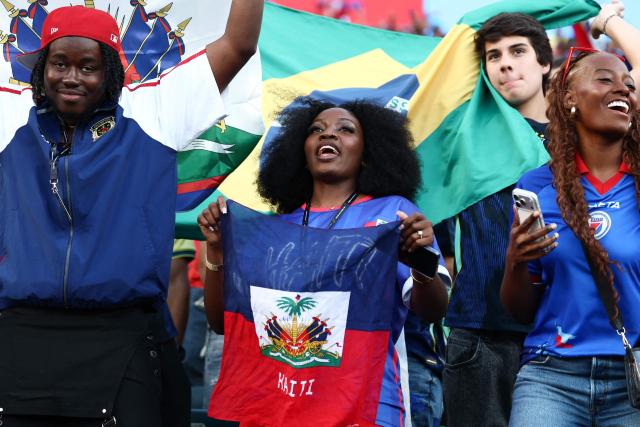 Haiti fans support their team ahead of the 2026 World Cup Group C football match between Brazil and Haiti at the Philadelphia Stadium in Philadelphia on June 19, 2026.  (Photo by Charly TRIBALLEAU / AFP)