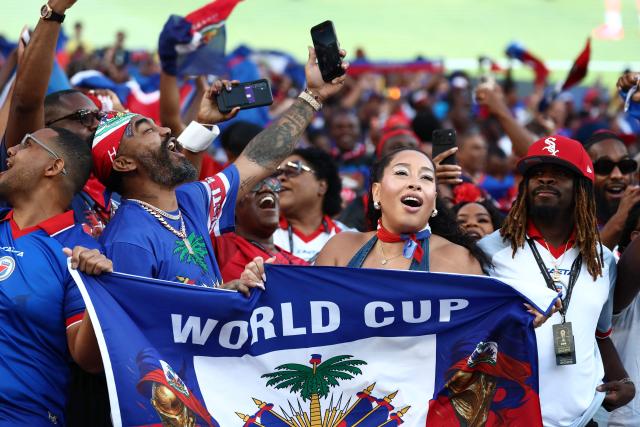 Haiti fans support their team ahead of the 2026 World Cup Group C football match between Brazil and Haiti at the Philadelphia Stadium in Philadelphia on June 19, 2026.  (Photo by Charly TRIBALLEAU / AFP)