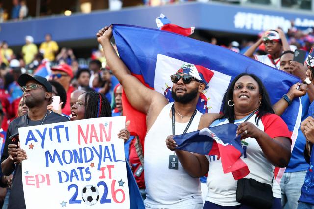 Haiti fans support their team ahead of the 2026 World Cup Group C football match between Brazil and Haiti at the Philadelphia Stadium in Philadelphia on June 19, 2026.  (Photo by Charly TRIBALLEAU / AFP)