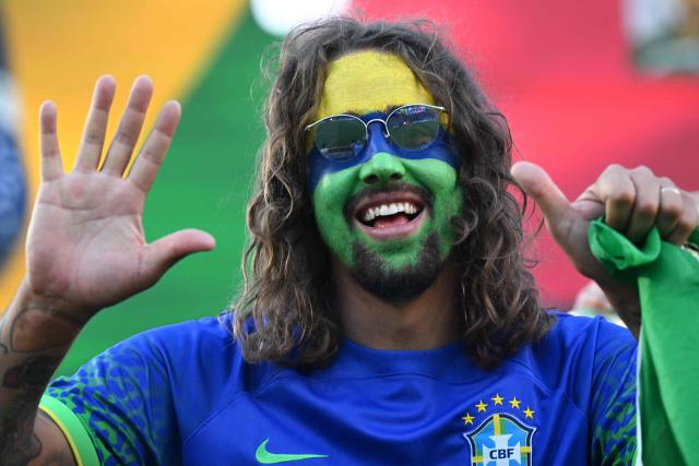 A Brazil fan supports his team ahead of the 2026 World Cup Group C football match between Brazil and Haiti at the Philadelphia Stadium in Philadelphia on June 19, 2026.  (Photo by Mauro PIMENTEL / AFP)