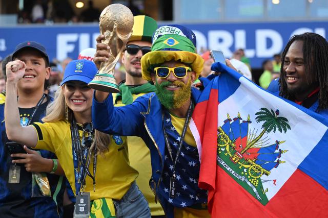 Brazil fans support their team ahead of the 2026 World Cup Group C football match between Brazil and Haiti at the Philadelphia Stadium in Philadelphia on June 19, 2026.  (Photo by Mauro PIMENTEL / AFP)
