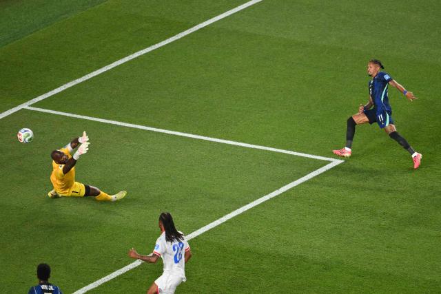 Brazil's forward #11 Raphinha (R) scores a goal that is disallowed for offside during the 2026 World Cup Group C football match between Brazil and Haiti at the Philadelphia Stadium in Philadelphia on June 19, 2026.  (Photo by Angela WEISS / AFP)