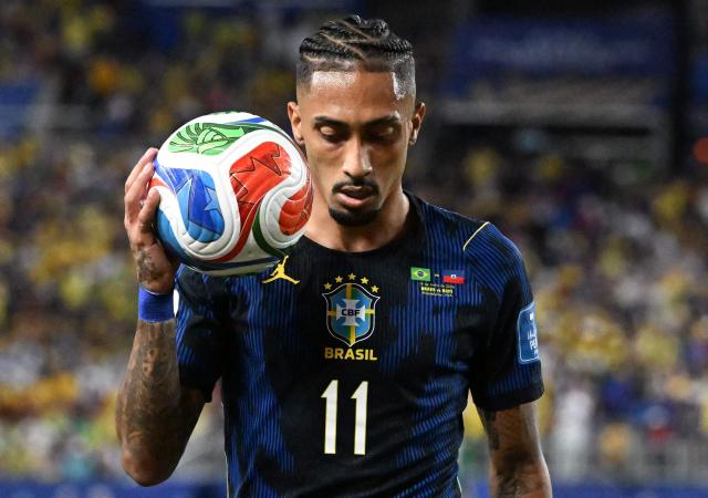 Brazil's forward #11 Raphinha holds the ball during the 2026 World Cup Group C football match between Brazil and Haiti at the Philadelphia Stadium in Philadelphia on June 19, 2026.  (Photo by ROBERTO SCHMIDT / AFP)