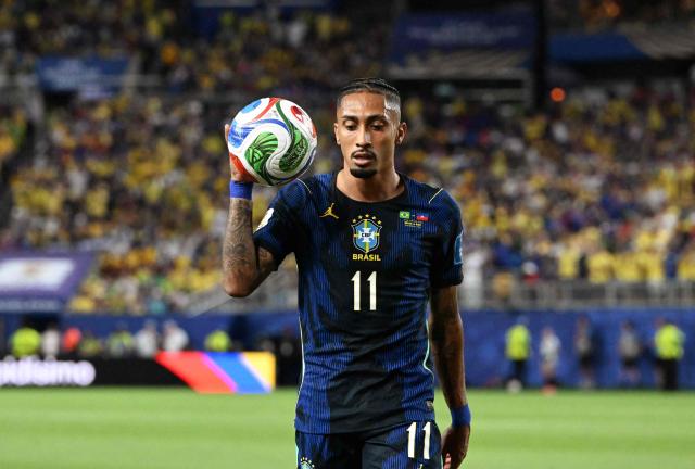 Brazil's forward #11 Raphinha holds the ball during the 2026 World Cup Group C football match between Brazil and Haiti at the Philadelphia Stadium in Philadelphia on June 19, 2026.  (Photo by ROBERTO SCHMIDT / AFP)