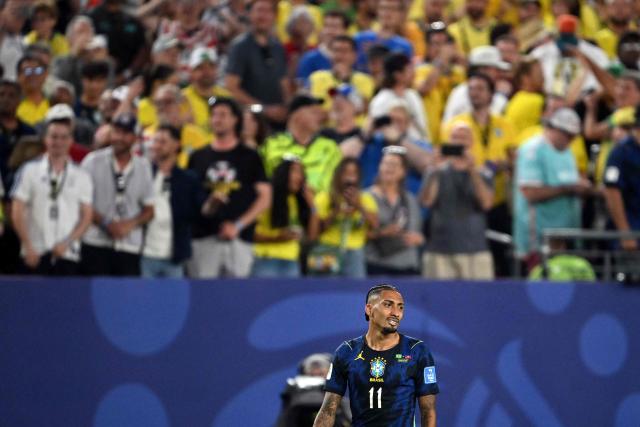 Brazil's forward #11 Raphinha reacts after a goal disallowed for offside during the 2026 World Cup Group C football match between Brazil and Haiti at the Philadelphia Stadium in Philadelphia on June 19, 2026.  (Photo by Mauro PIMENTEL / AFP)