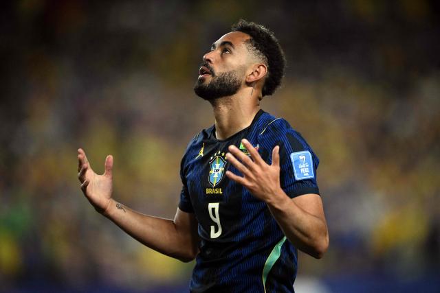 Brazil's forward #09 Matheus Cunha celebrates scoring his team's first goal during the 2026 World Cup Group C football match between Brazil and Haiti at the Philadelphia Stadium in Philadelphia on June 19, 2026.  (Photo by Mauro PIMENTEL / AFP)