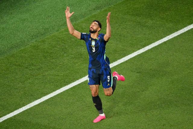 Brazil's forward #09 Matheus Cunha celebrates scoring his team's first goal during the 2026 World Cup Group C football match between Brazil and Haiti at the Philadelphia Stadium in Philadelphia on June 19, 2026.  (Photo by Angela WEISS / AFP)