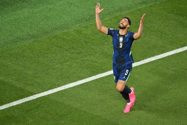 Brazil's forward #09 Matheus Cunha celebrates scoring his team's first goal during the 2026 World Cup Group C football match between Brazil and Haiti at the Philadelphia Stadium in Philadelphia on June 19, 2026.  (Photo by Angela WEISS / AFP)