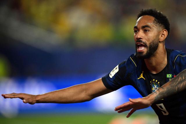 Brazil's forward #09 Matheus Cunha celebrates scoring his team's first goal during the 2026 World Cup Group C football match between Brazil and Haiti at the Philadelphia Stadium in Philadelphia on June 19, 2026.  (Photo by Mauro PIMENTEL / AFP)