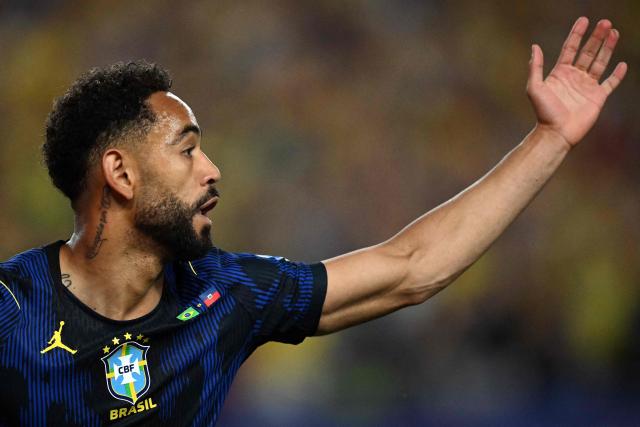 Brazil's forward #09 Matheus Cunha celebrates scoring his team's first goal during the 2026 World Cup Group C football match between Brazil and Haiti at the Philadelphia Stadium in Philadelphia on June 19, 2026.  (Photo by Mauro PIMENTEL / AFP)