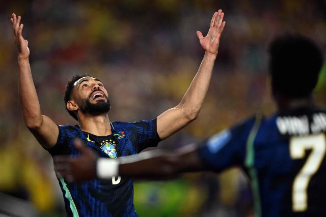 Brazil's forward #09 Matheus Cunha celebrates scoring his team's first goal during the 2026 World Cup Group C football match between Brazil and Haiti at the Philadelphia Stadium in Philadelphia on June 19, 2026.  (Photo by Mauro PIMENTEL / AFP)