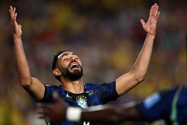 Brazil's forward #09 Matheus Cunha celebrates scoring his team's first goal during the 2026 World Cup Group C football match between Brazil and Haiti at the Philadelphia Stadium in Philadelphia on June 19, 2026.  (Photo by Mauro PIMENTEL / AFP)
