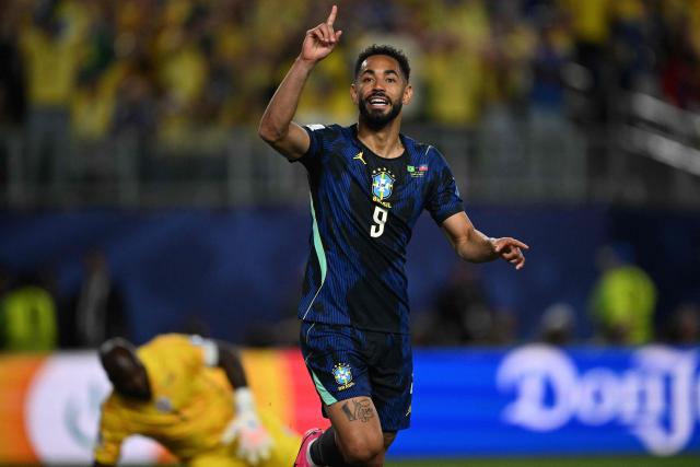 Brazil's forward #09 Matheus Cunha celebrates scoring his team's first goal during the 2026 World Cup Group C football match between Brazil and Haiti at the Philadelphia Stadium in Philadelphia on June 19, 2026.  (Photo by Mauro PIMENTEL / AFP)