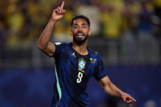 Brazil's forward #09 Matheus Cunha celebrates scoring his team's first goal during the 2026 World Cup Group C football match between Brazil and Haiti at the Philadelphia Stadium in Philadelphia on June 19, 2026.  (Photo by Mauro PIMENTEL / AFP)