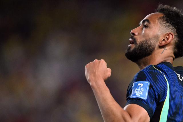 Brazil's forward #09 Matheus Cunha celebrates scoring his team's first goal during the 2026 World Cup Group C football match between Brazil and Haiti at the Philadelphia Stadium in Philadelphia on June 19, 2026.  (Photo by Mauro PIMENTEL / AFP)