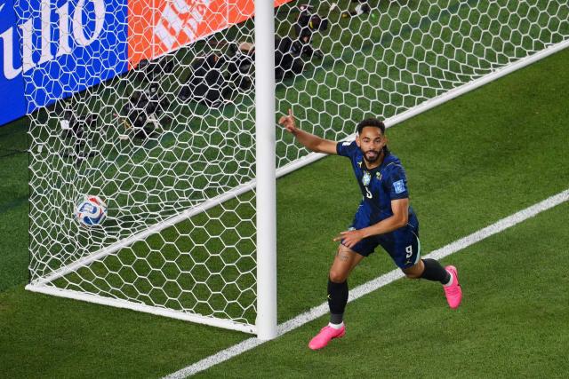 Brazil's forward #09 Matheus Cunha celebrates scoring his team's first goal during the 2026 World Cup Group C football match between Brazil and Haiti at the Philadelphia Stadium in Philadelphia on June 19, 2026.  (Photo by Angela WEISS / AFP)