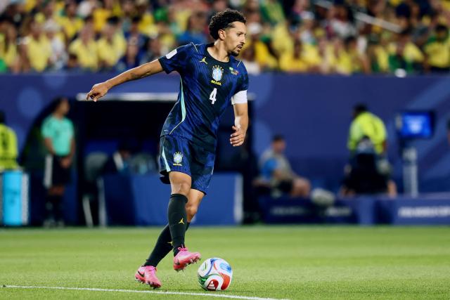 Brazil's defender #04 Marquinhos controls the ball during the 2026 World Cup Group C football match between Brazil and Haiti at the Philadelphia Stadium in Philadelphia on June 19, 2026.  (Photo by Charly TRIBALLEAU / AFP)