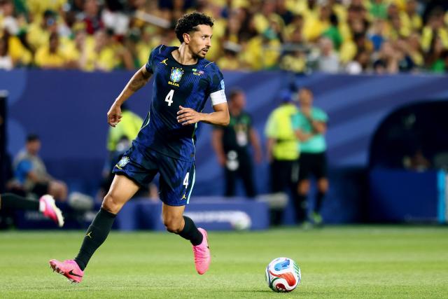 Brazil's defender #04 Marquinhos controls the ball during the 2026 World Cup Group C football match between Brazil and Haiti at the Philadelphia Stadium in Philadelphia on June 19, 2026.  (Photo by Charly TRIBALLEAU / AFP)