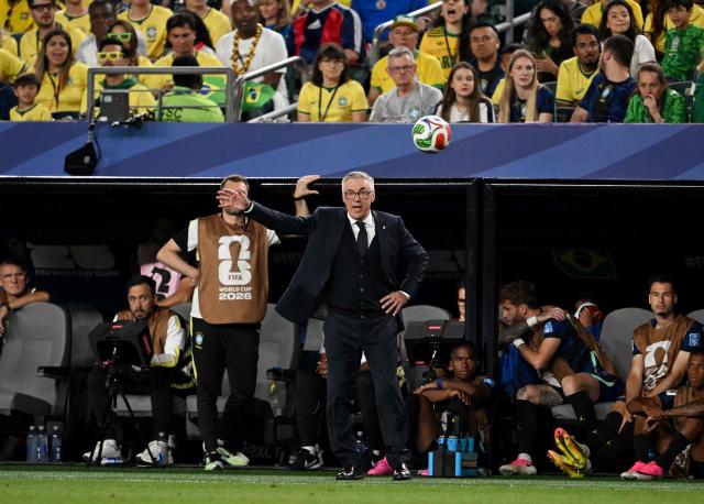 Brazil's Italian head coach Carlo Ancelotti gestures on the touchline during the 2026 World Cup Group C football match between Brazil and Haiti at the Philadelphia Stadium in Philadelphia on June 19, 2026.  (Photo by ROBERTO SCHMIDT / AFP)