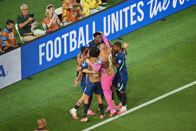 Brazil’s players celebrate after forward #07 Vinicius Junior (C) scores his team’s third goal during the 2026 World Cup Group C football match between Brazil and Haiti at the Philadelphia Stadium in Philadelphia on June 19, 2026.  (Photo by Angela WEISS / AFP)