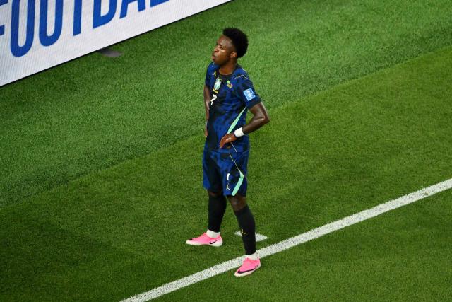 Brazil's forward #07 Vinicius Junior celebrates scoring his team's third goal during the 2026 World Cup Group C football match between Brazil and Haiti at the Philadelphia Stadium in Philadelphia on June 19, 2026.  (Photo by Angela WEISS / AFP)