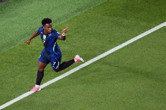 Brazil's forward #07 Vinicius Junior celebrates scoring his team's third goal during the 2026 World Cup Group C football match between Brazil and Haiti at the Philadelphia Stadium in Philadelphia on June 19, 2026.  (Photo by Angela WEISS / AFP)