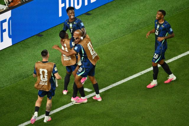Brazil’s players celebrate after forward #07 Vinicius Junior (C) scores his team’s third goal during the 2026 World Cup Group C football match between Brazil and Haiti at the Philadelphia Stadium in Philadelphia on June 19, 2026.  (Photo by Angela WEISS / AFP)