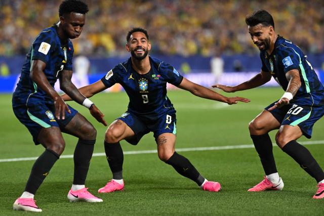 Brazil's forward #09 Matheus Cunha celebrates scoring his team's second goal during the 2026 World Cup Group C football match between Brazil and Haiti at the Philadelphia Stadium in Philadelphia on June 19, 2026.  (Photo by Mauro PIMENTEL / AFP)