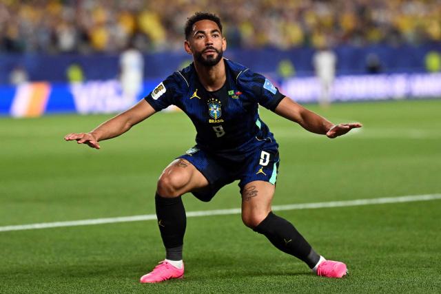 Brazil's forward #09 Matheus Cunha celebrates scoring his team's second goal during the 2026 World Cup Group C football match between Brazil and Haiti at the Philadelphia Stadium in Philadelphia on June 19, 2026.  (Photo by Mauro PIMENTEL / AFP)