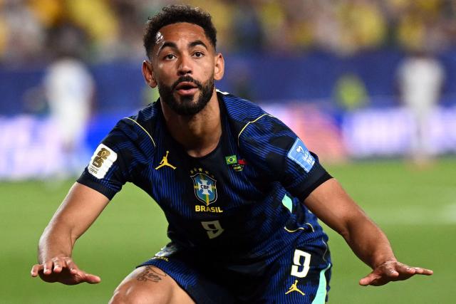 Brazil's forward #09 Matheus Cunha celebrates scoring his team's second goal during the 2026 World Cup Group C football match between Brazil and Haiti at the Philadelphia Stadium in Philadelphia on June 19, 2026.  (Photo by Mauro PIMENTEL / AFP)