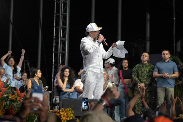 Colombia's President Gustavo Petro speaks during a rally in Cali, Colombia, on June 19, 2026, two days ahead of the presidential runoff. Colombians vote on June 21, 2026 in a presidential runoff pitting a hard-right opera-singer-turned-lawyer against a leftist senator, an election with stark consequences for the country's stumbling peace process with armed groups and strained ties with Washington. (Photo by JOAQUIN SARMIENTO / AFP)
