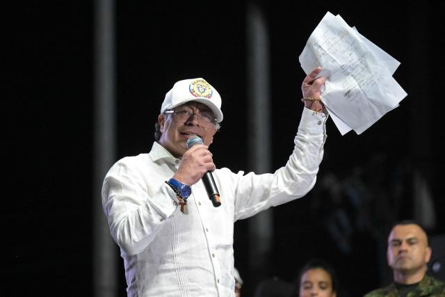 Colombia's President Gustavo Petro speaks during a rally in Cali, Colombia, on June 19, 2026, two days ahead of the presidential runoff. Colombians vote on June 21, 2026 in a presidential runoff pitting a hard-right opera-singer-turned-lawyer against a leftist senator, an election with stark consequences for the country's stumbling peace process with armed groups and strained ties with Washington. (Photo by JOAQUIN SARMIENTO / AFP)