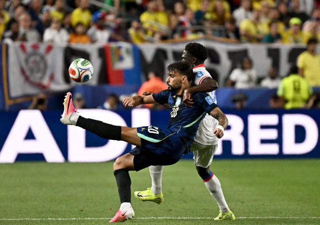Brazil's midfielder #20 Lucas Paqueta kicks the ball during the 2026 World Cup Group C football match between Brazil and Haiti at the Philadelphia Stadium in Philadelphia on June 19, 2026.  (Photo by Jewel SAMAD / AFP)