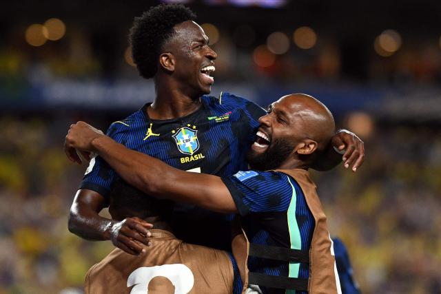 Brazil's forward #07 Vinicius Junior celebrates scoring his team's third goal during the 2026 World Cup Group C football match between Brazil and Haiti at the Philadelphia Stadium in Philadelphia on June 19, 2026.  (Photo by Mauro PIMENTEL / AFP)