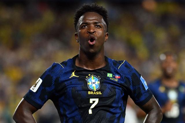 Brazil's forward #07 Vinicius Junior celebrates scoring his team's third goal during the 2026 World Cup Group C football match between Brazil and Haiti at the Philadelphia Stadium in Philadelphia on June 19, 2026.  (Photo by Mauro PIMENTEL / AFP)