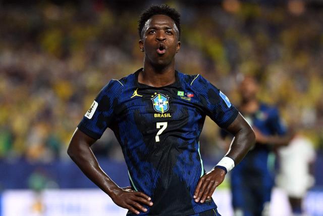 TOPSHOT - Brazil's forward #07 Vinicius Junior celebrates scoring his team's third goal during the 2026 World Cup Group C football match between Brazil and Haiti at the Philadelphia Stadium in Philadelphia on June 19, 2026.  (Photo by Mauro PIMENTEL / AFP)