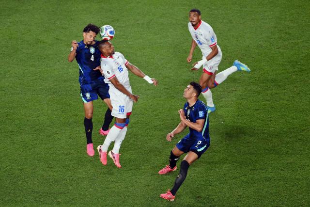 Brazil's defender #04 Marquinhos (L) and Haiti's forward #16 Lenny Joseph (2nd L) fight for the ball during the 2026 World Cup Group C football match between Brazil and Haiti at the Philadelphia Stadium in Philadelphia on June 19, 2026.  (Photo by Angela WEISS / AFP)