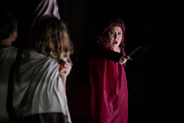 Italian soprano Anna Pirozzi performs in the opera 'Medea' at the Ancient Greek theatre of former city Epidaurus, in Nea Epidavros on June 18, 2026. With flamboyant costumes reminiscent of those from 1961, and a production reconstructed using notebooks and photographs from the period: 'Medea', the opera that brought Maria Callas her triumph, is being revived at the ancient Greek theatre of Epidaurus. During a one-off, sold-out performance on Saturday evening, the Greek National Opera returns for the first time in 65 years to this 4th-century BC amphitheatre, 200 kilometres from Athens, renowned for its exceptional acoustics. (Photo by Aris MESSINIS / AFP)